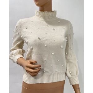 CO Women's Ivory Cashmere Wool Sweater Size S Embroidered With Pearls